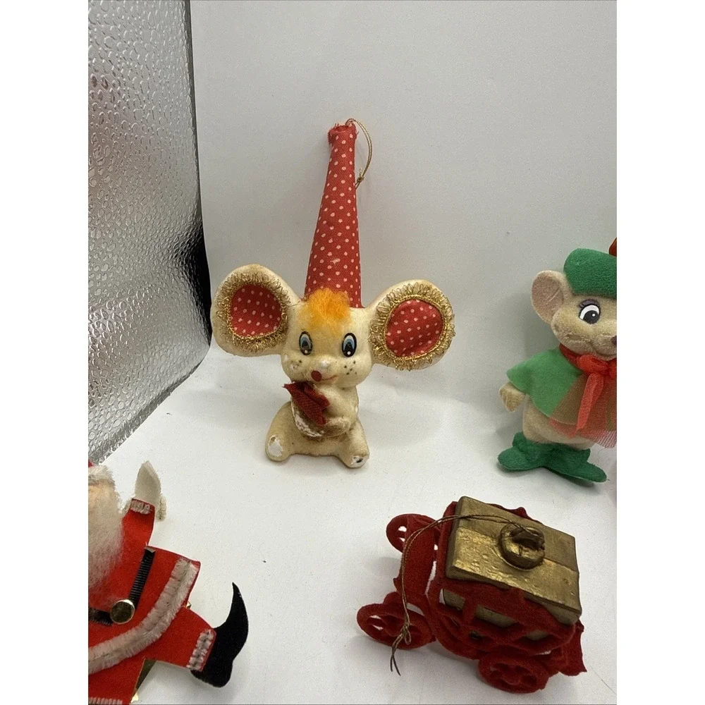 Vintage Christmas Tree Decorations Lot‎ Of 10 Some Flocked Mouse, Santa, Bells,